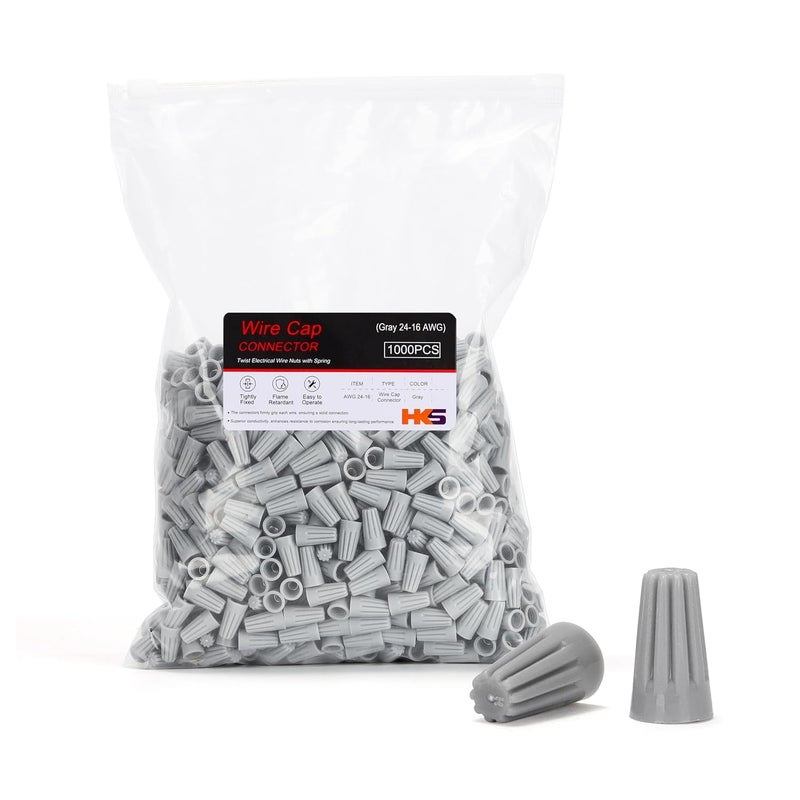 HK-S 1000 PCS Gray Wire Caps - AWG 24-16,Twist-On Screw Nuts Insulated Insertion Electrical Wire Connectors with Spring - Portable & Quick to Connect - Image 1